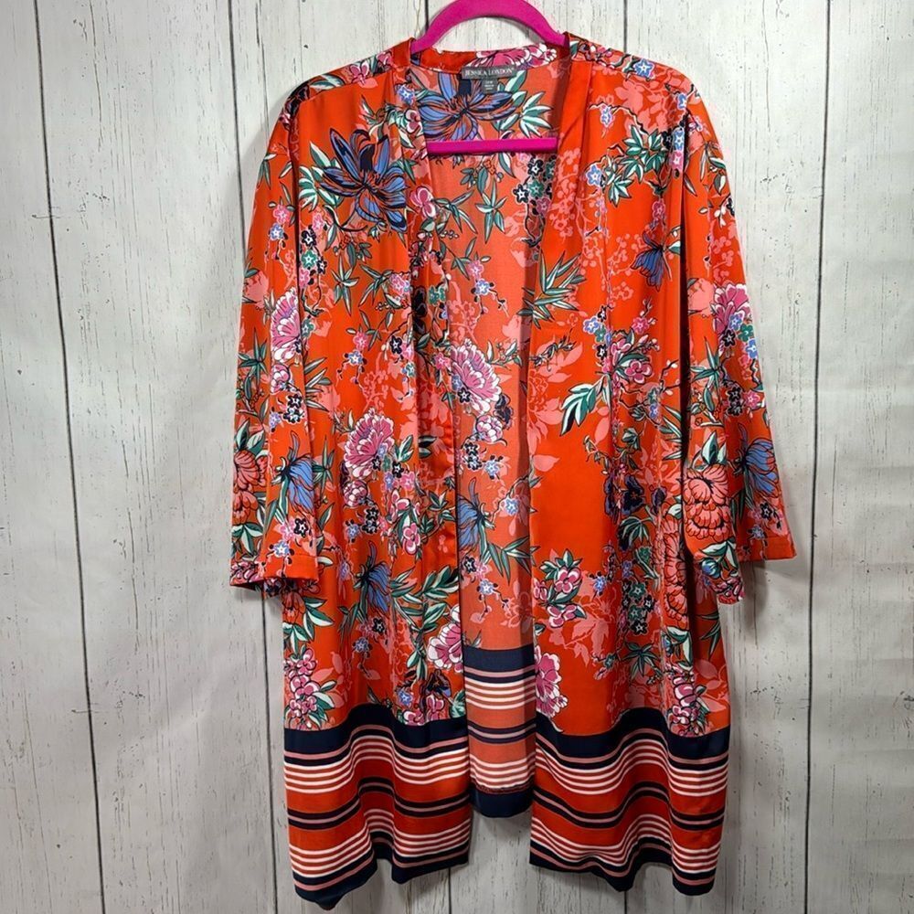 Jessica London Floral Boho Multicolor Summer Orange Blue Duster Kimono Cover Up